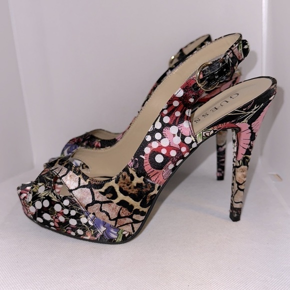 Guess Floral Animal Print Slingback Peep Toe Platform Heel Size 8.5M - EUC - Picture 5 of 11